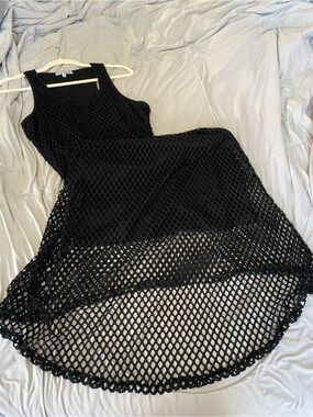 blue island Black Sleeveless Mesh High-Low Swim Coverup